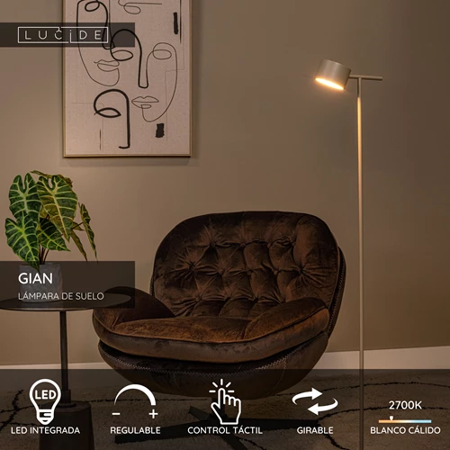 Lucide GIAN - Lámpara de suelo - LED Regul. - 1x9W 2700K - Taupe - USP